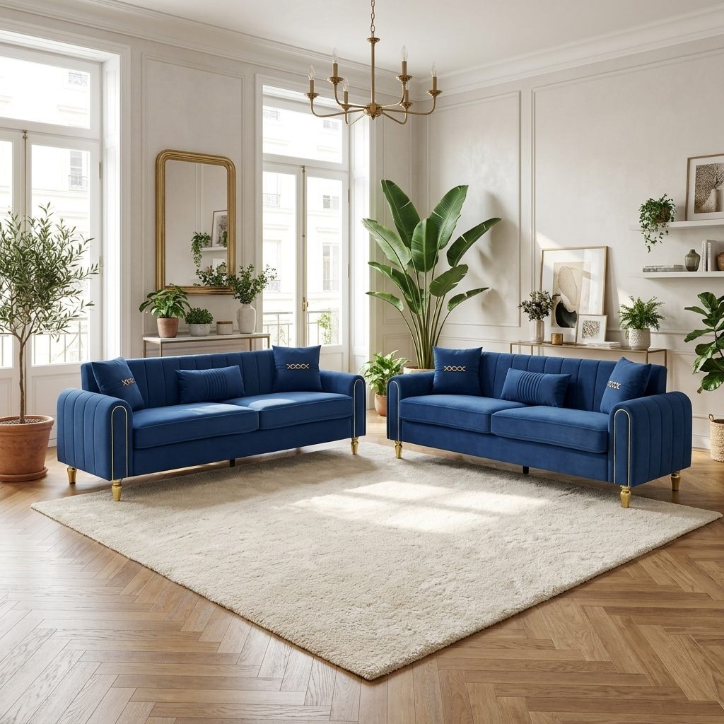 Vintage Blue Velvet 2-Piece Sofa Set