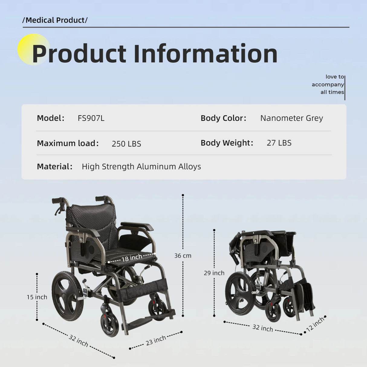 Lightweight Foldable Transport Wheelchair For Adults, Square Tube Design