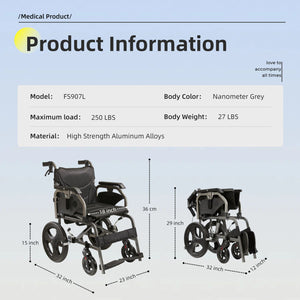 Lightweight Foldable Transport Wheelchair For Adults, Square Tube Design
