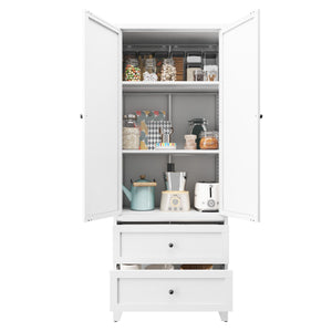 Pantry Cabinet With 2 Drawers, Adjustable Shelves, Freestanding Kitchen Storage Organizer - White