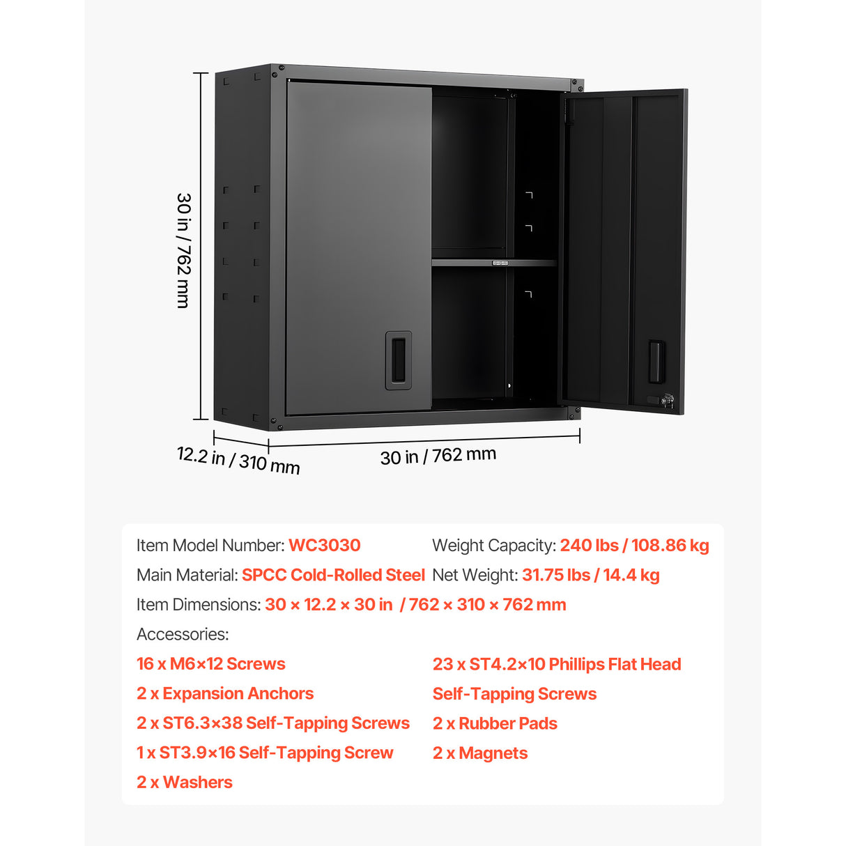 Metal Wall Cabinet 30W x 12.2D x 30H Inch