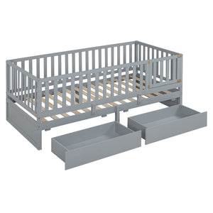 Daybed With Fence Guardrails And 2 Drawers, Split Into Independent Floor Bed & Daybed