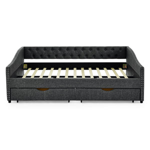 Upholstered Tufted Daybed With 2 Drawers, Waved Arms