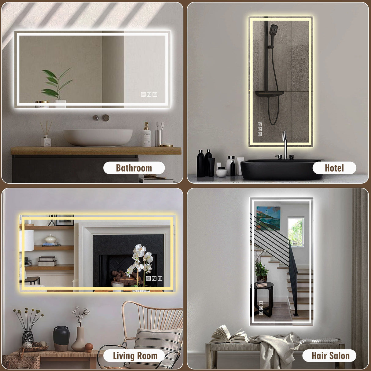 LED Bathroom Vanity Wall Mirror With Straight Edge Design, Frosted Glass Finish, Anti Fog, Dimmable 3 Color Lighting - Silver