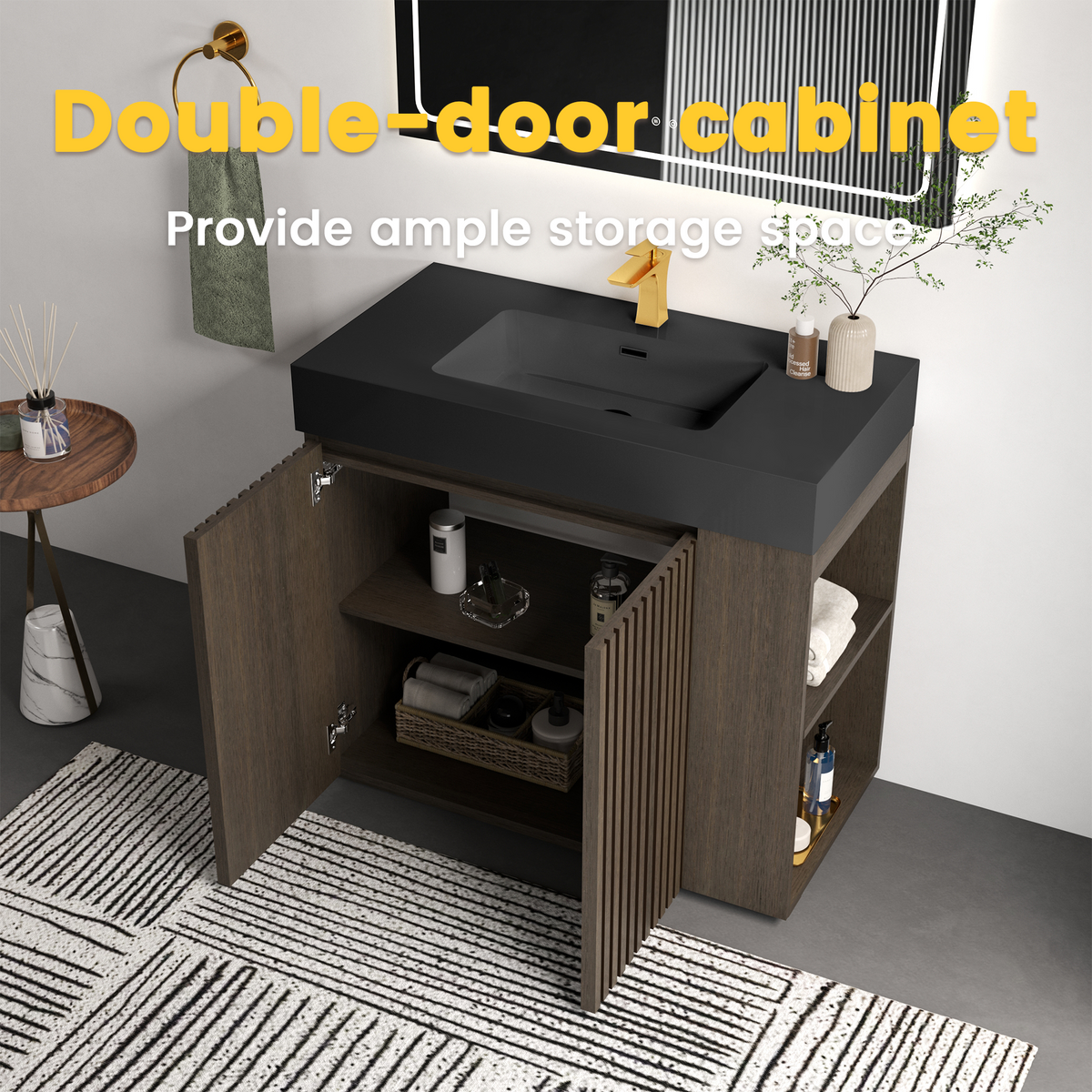 GALAN 36-Inch Bathroom Vanity, Smoked Oak, Dark Walnut with Solid Surface Sink