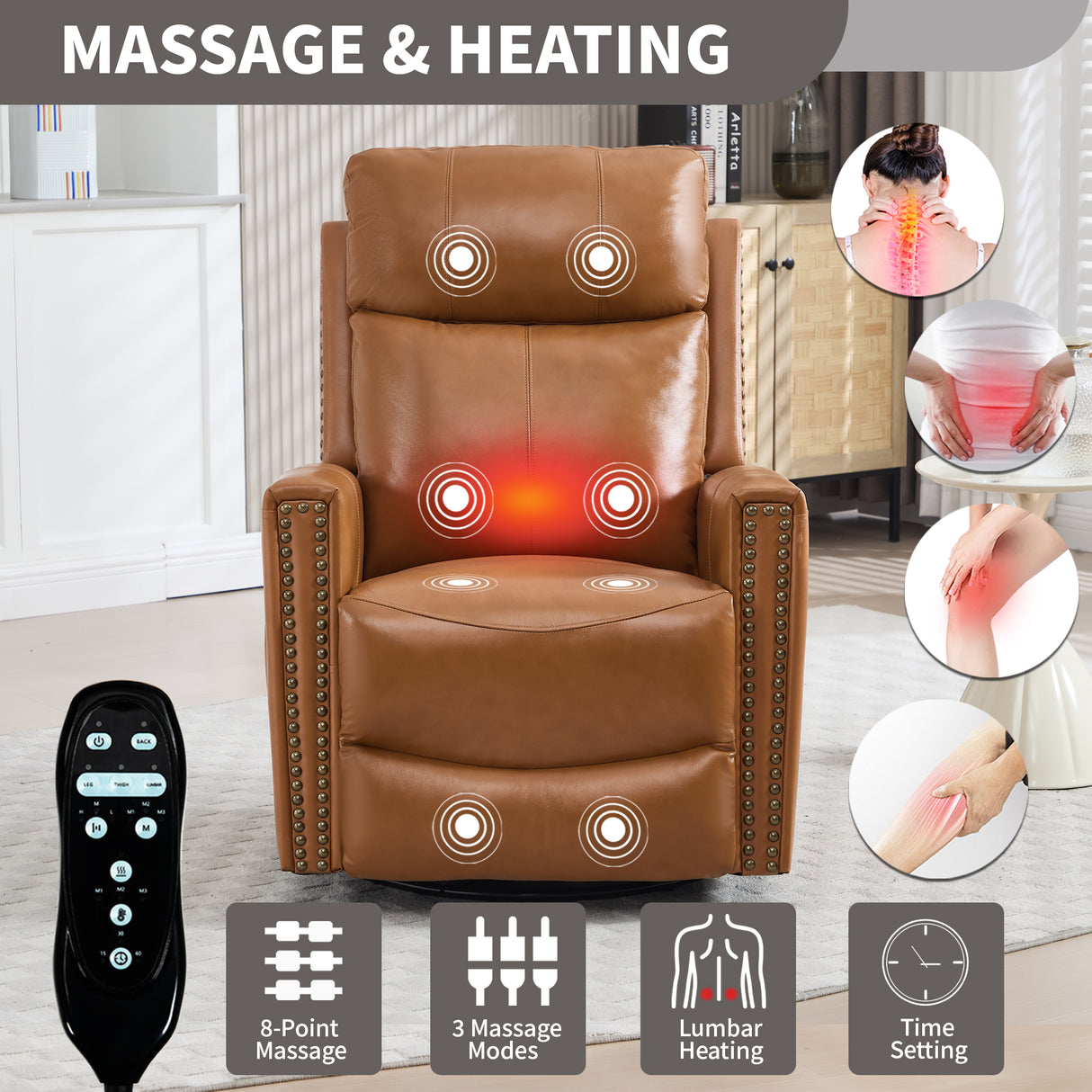 Orange Genuine Leather Heat Massage Manual Recliner Chair