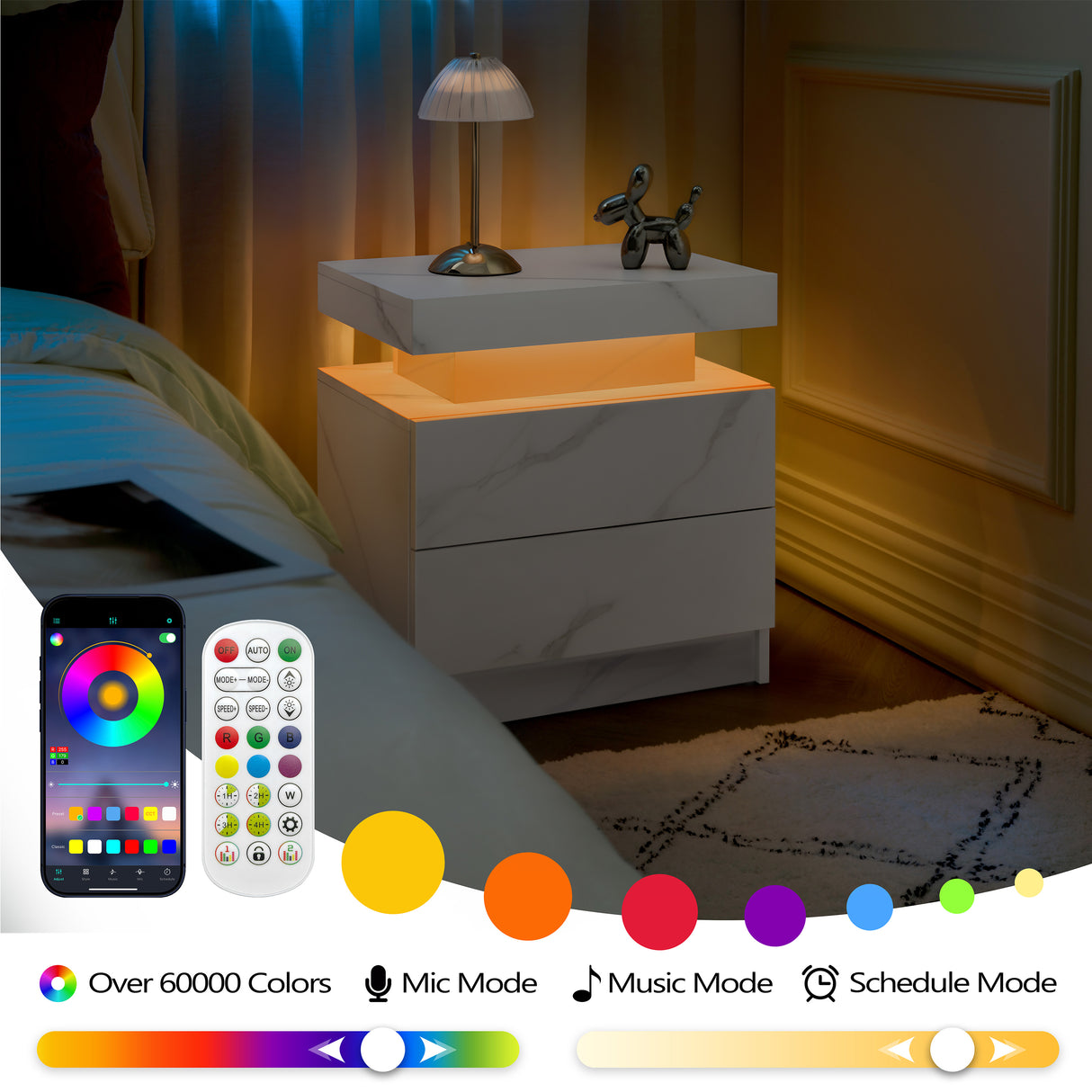 Modern LED Nightstand with 2 Drawers
