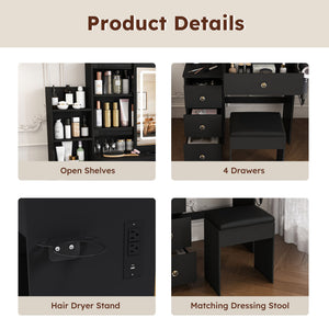 Vanity Desk With 3 LED Lighting Modes, 4 Drawers, Open Shelves, Hair Dryer Holder & Power Socket Dressing Table Set With Chair - Black