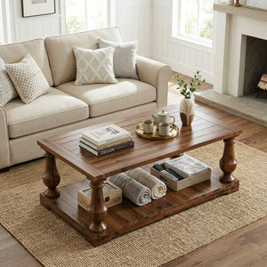 Farmhouse Coffee Table with Storage Shelf, Solid Pine Wood Turned Legs, Walnut