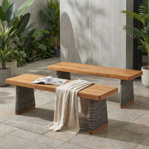 Outdoor Acacia Wood Bench (Set of 2) - Teak Finish