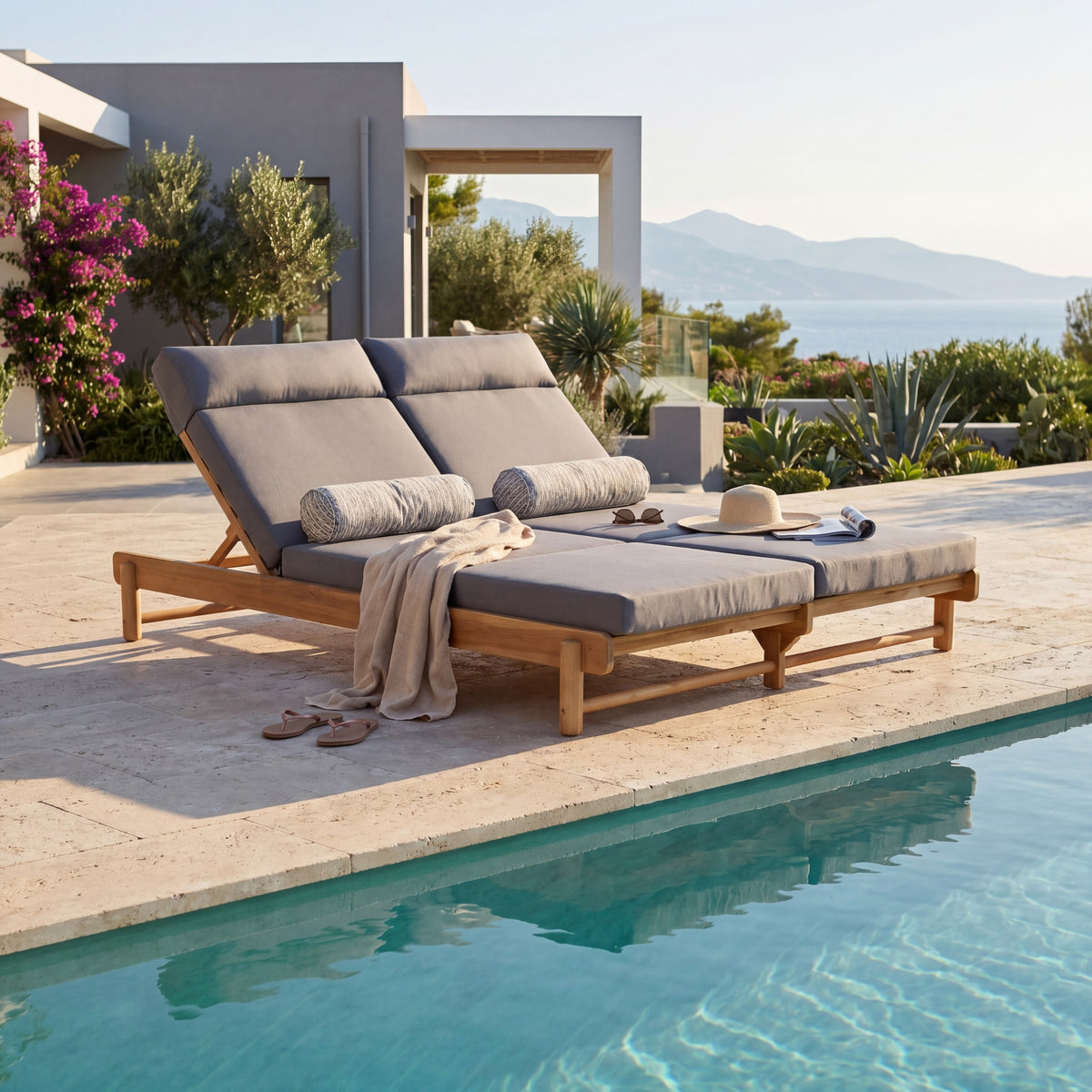 Light Teak Acacia Wood Double Chaise Lounger Set