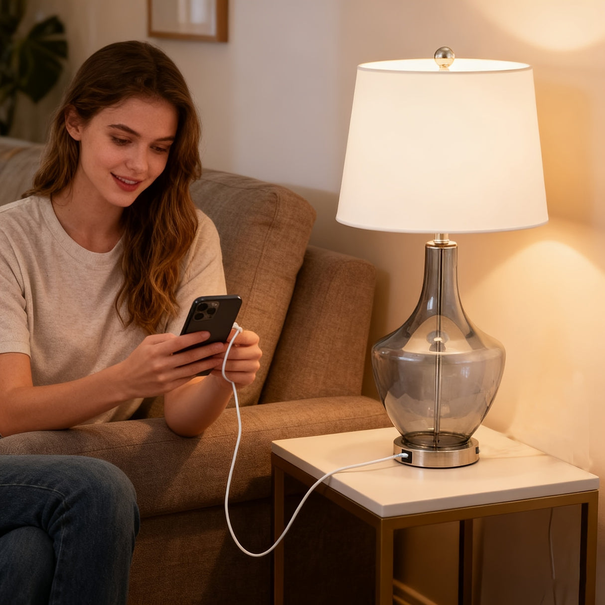 26-Inches Tall Single Glass Table Lamp with USB Charging Port