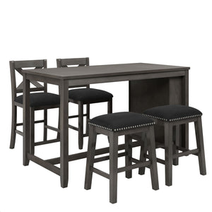 5 Pieces Counter Height Rustic Farmhouse Dining Room Wooden Bar Table Set With 2 Stools And 2 Chairs