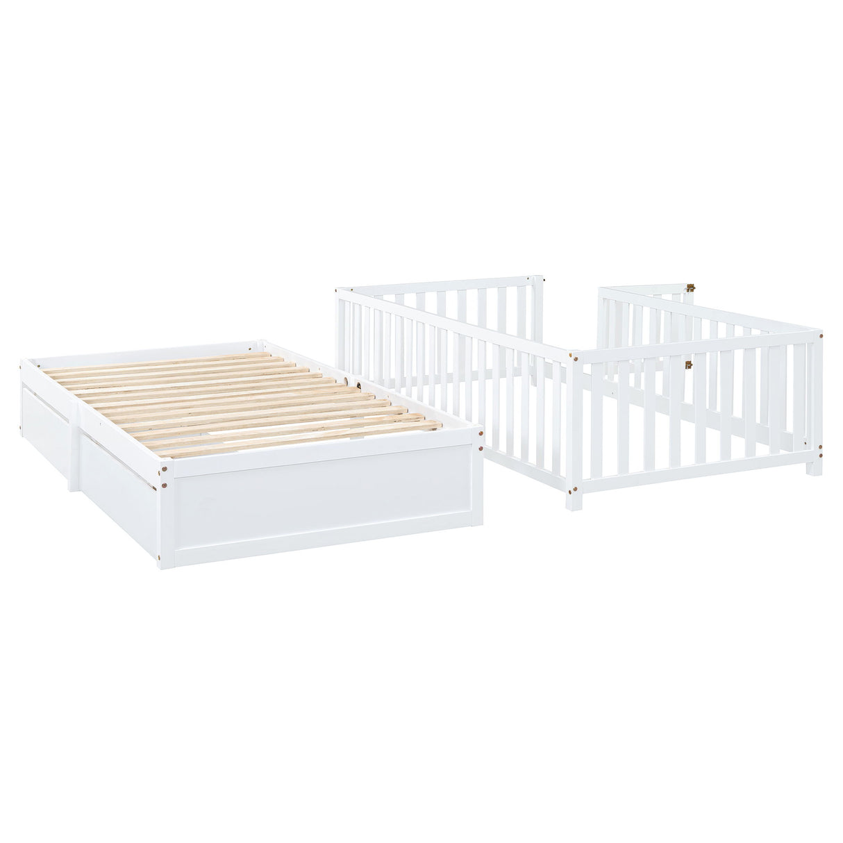 Daybed With Fence Guardrails And 2 Drawers, Split Into Independent Floor Bed & Daybed