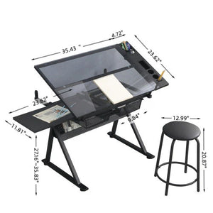 Adjustable Tempered Glass Drafting Printing Table With Chair