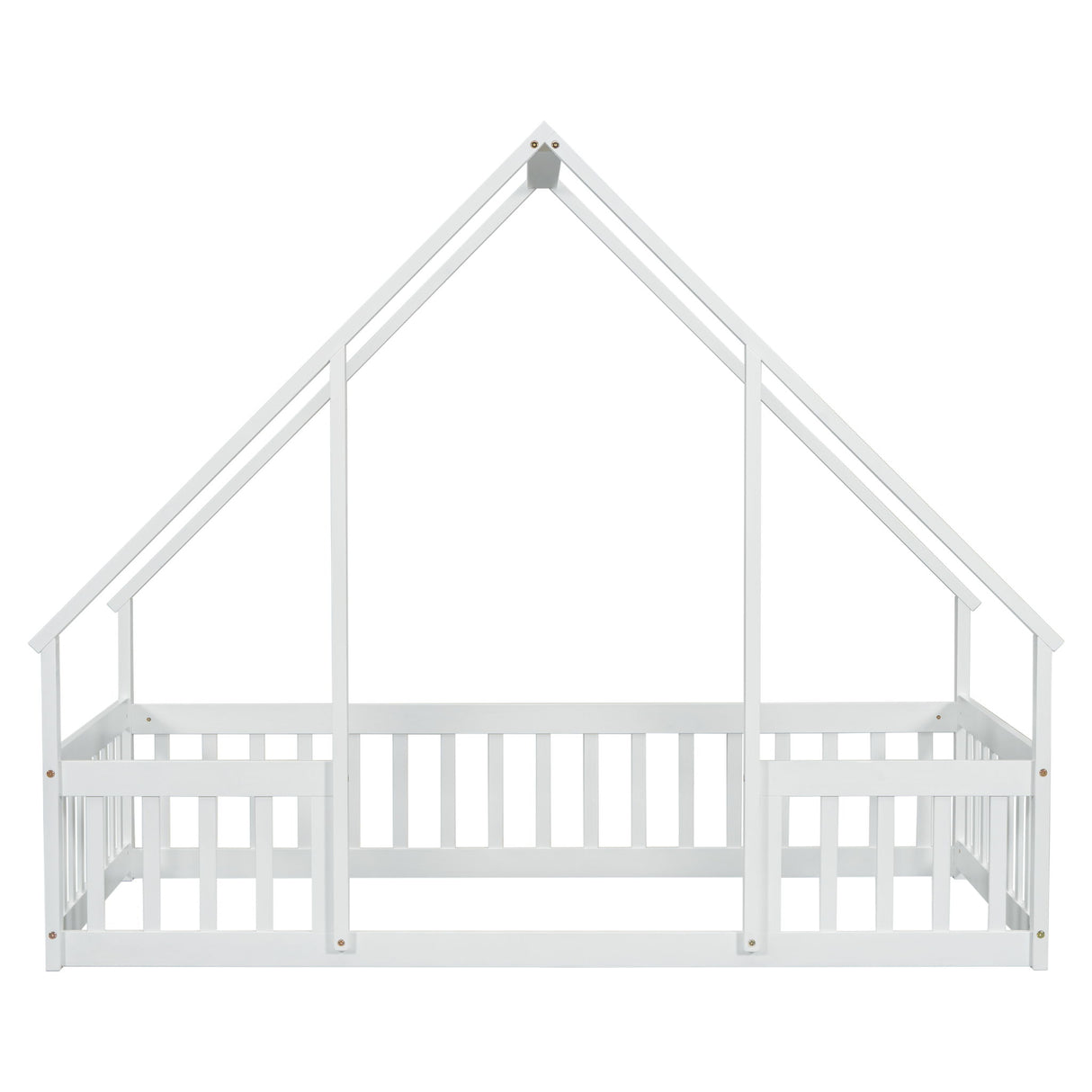 Wood House-Shaped Floor Bed With Fence, Guardrails