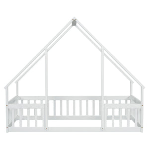 Wood House-Shaped Floor Bed With Fence, Guardrails