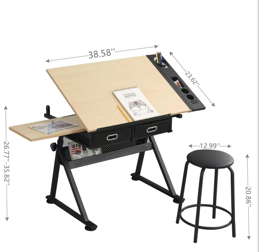 Adjustable Drawing Drafting Table Desk With 2 Drawers - Maple