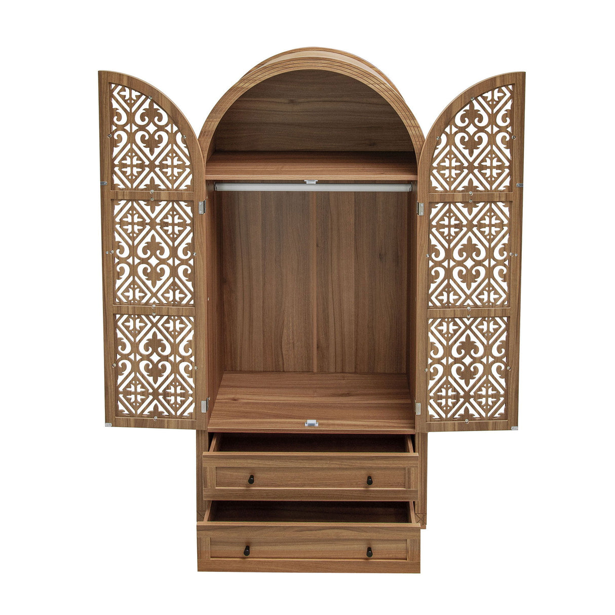 Tall Kitchen Pantry Cabinet With Hollow Carved Doors 2 Drawers And Adjustable Shelves Storage Display Cabinet For Kitchen Dining Room Or Living Room - Walnut