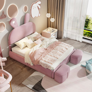 Full Upholstered Platform Bed With Cartoon Ears Headboard And LED Light - Pink