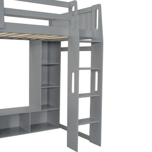Gaming Loft Bed With Desk, Multi Storage Shelves, LED Lighting, And Hanging Clothes Rack