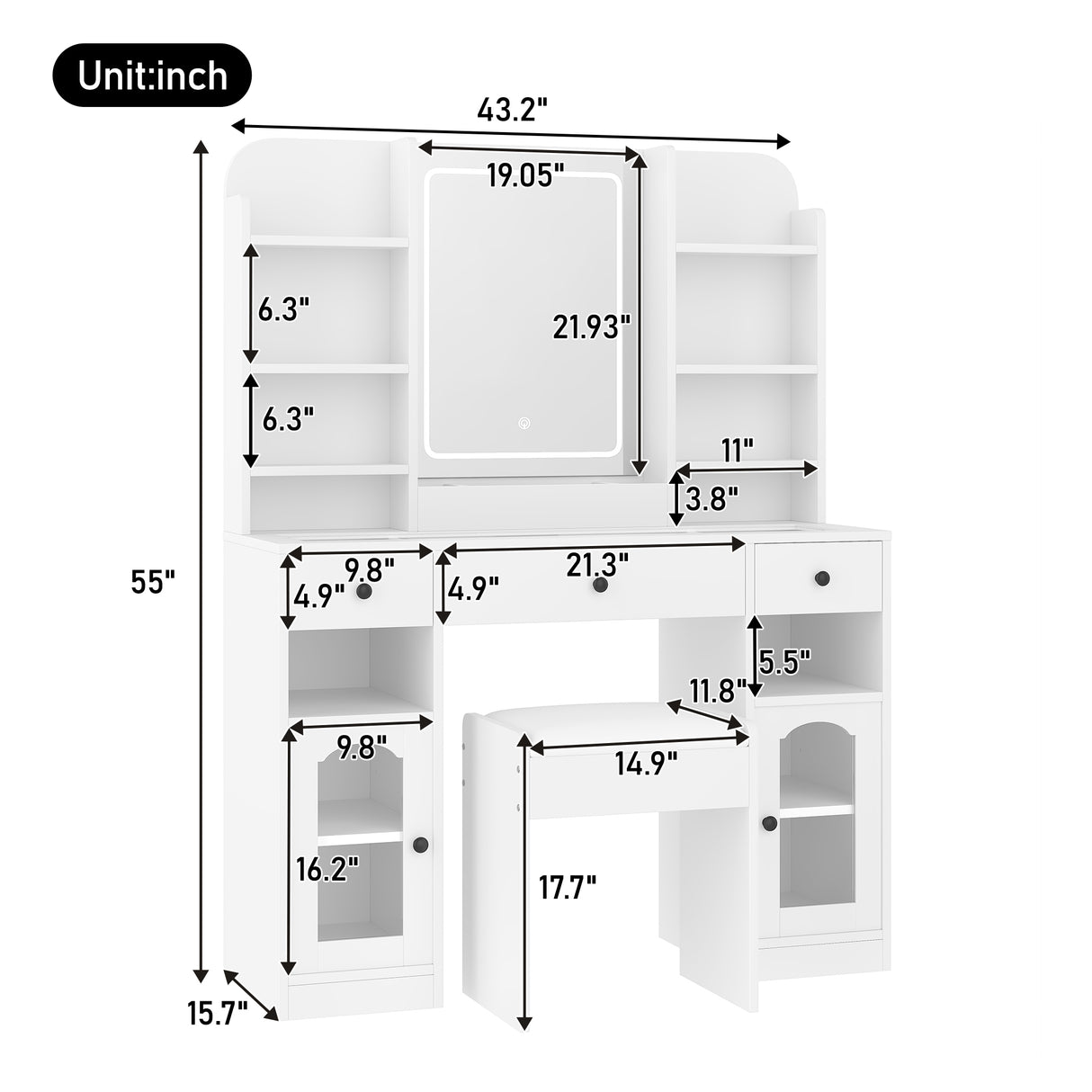 43.2" Vanity Desk with LED Mirror and Lights