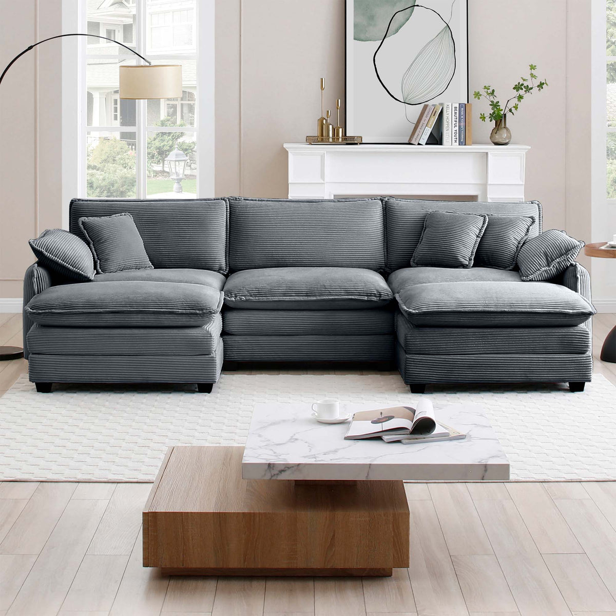 Oversized Modular Cushioned Sofa with Conversible Ottoman