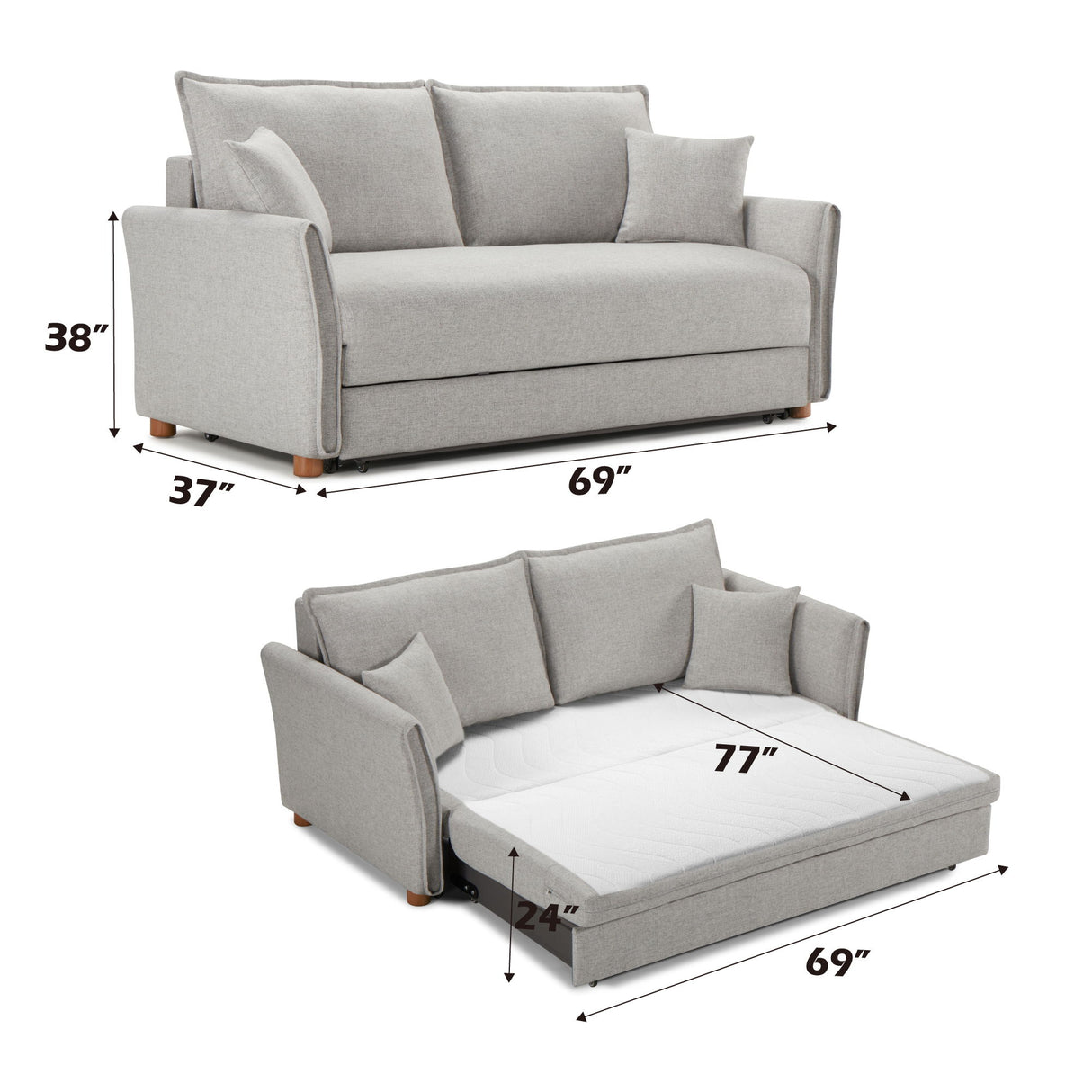 Oren - Chenille Sleeper Sectional Sofa With Storage 2 Toss Pillows - Gray