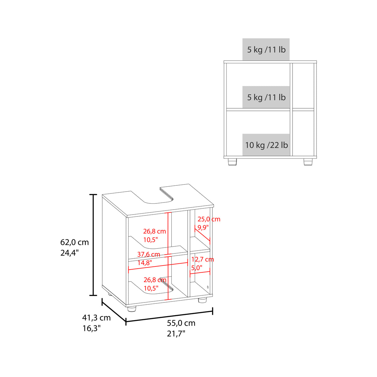 Under Sink Storage 24.4" H, 1 Door, 4 Shelves, 4 Legs