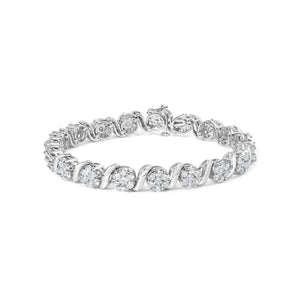 14K White Gold 7 3/8 Cttw Round Brilliant Diamond Floral Cluster and S Link Bracelet (H-I Color, SI2-I1 Clarity) - 7" Inches