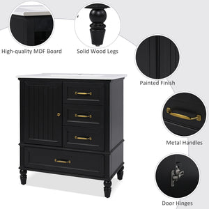30" Bathroom Vanity With Sink, 3 Drawers, Adjustable Feet