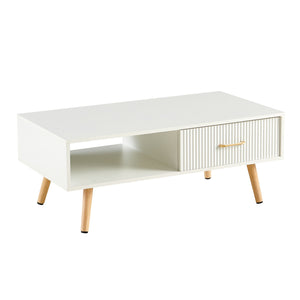 Modern Rectangle Coffee Table With Legs, Sliding Drawer For Storage - White