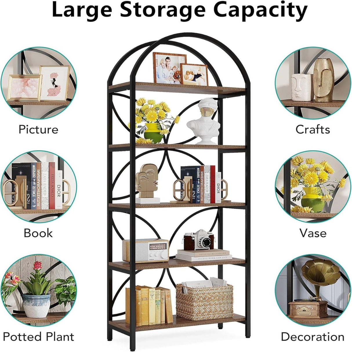 Tall 5 Tier Arched Bookshelf With Shelves For Living Room - Rustic Brown