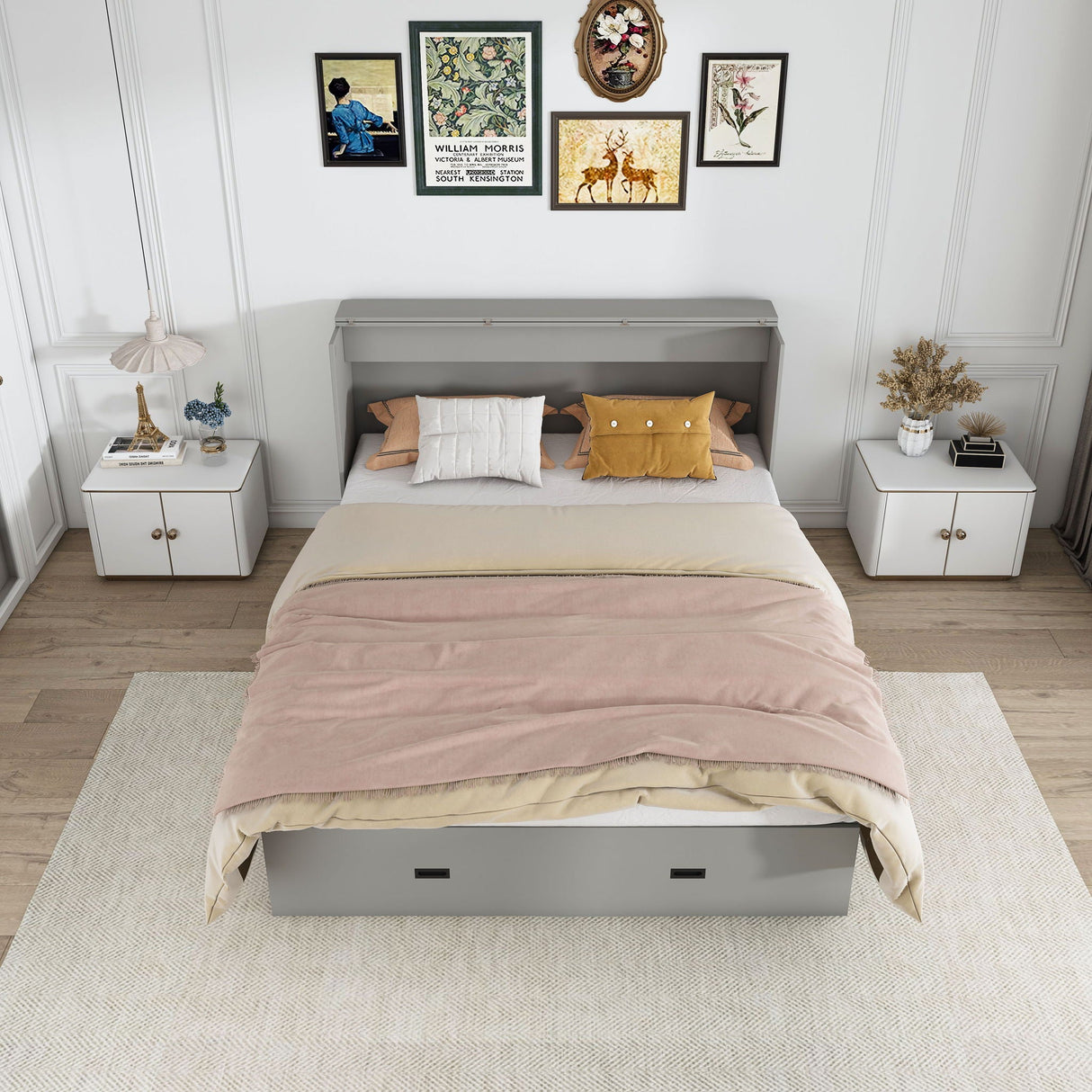 Murphy Bed With Storage Drawers And Charging Cabinet, Foldable Panels, Swivel Wheels