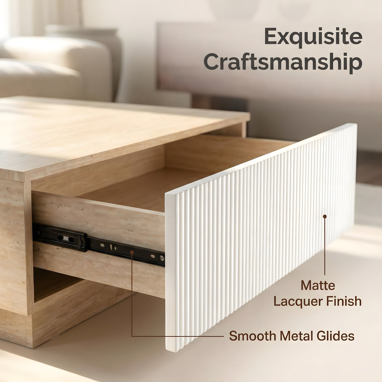 Modern Faux Travertine Coffee Table with 2 Drawers
