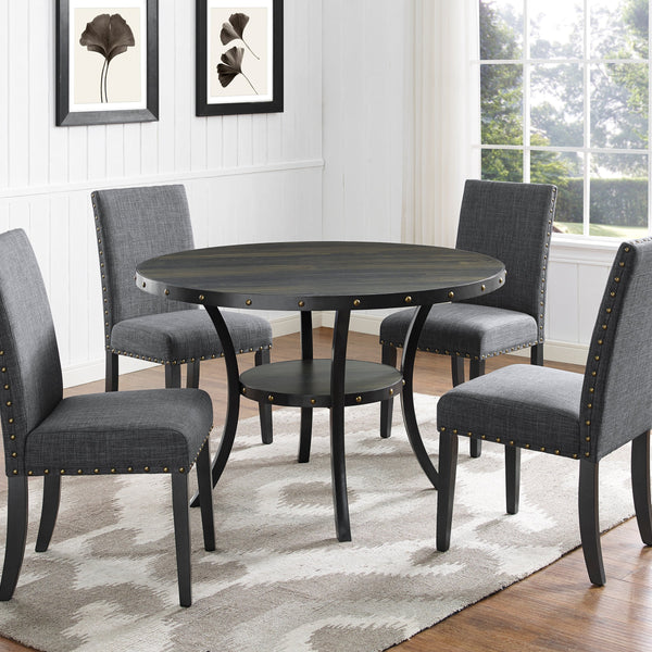 Biony Espresso Wood Dining Set with Gray Fabric Nailhead Chairs