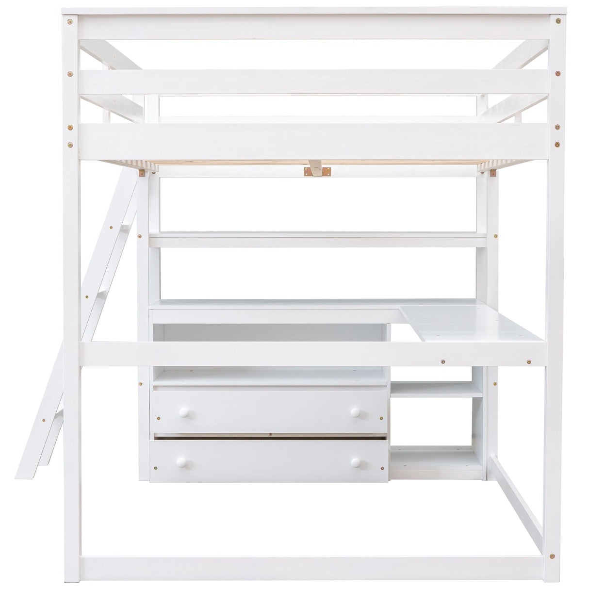 Modern Loft Bed With Built In Desk, Shelves, And 2 Drawers