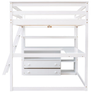 Modern Loft Bed With Built In Desk, Shelves, And 2 Drawers