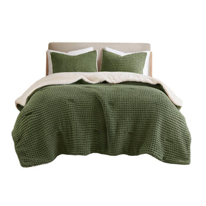 3 Pieces Full/Queen Waffle Knit Chenille Comforter Set in Olive
