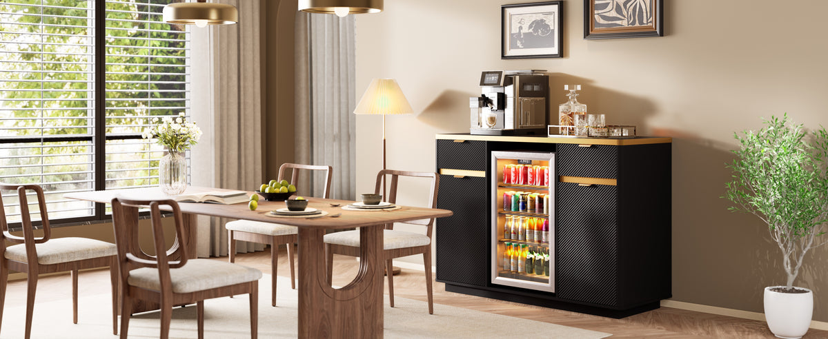 60-Inch Buffet Sideboard with Faux Marble Top, Fluted Cabinet, Mini Fridge Nook, Black