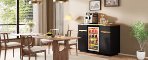 60-Inch Buffet Sideboard with Faux Marble Top, Fluted Cabinet, Mini Fridge Nook, Black