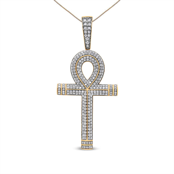 10K Yellow Gold 1 7/8 Cttw Round Diamond Ankh Men's Pendant Necklace