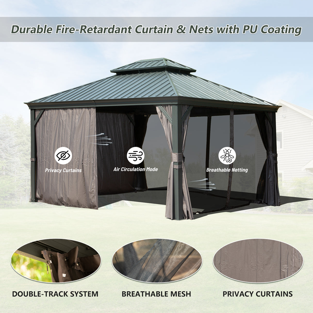 10' x 12' Hardtop Gazebo Outdoor Metal Gazebo with Galvanized Steel Double Roof Canopy, Aluminum Frame, Curtains and