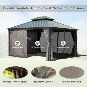 10' x 12' Hardtop Gazebo Outdoor Metal Gazebo with Galvanized Steel Double Roof Canopy, Aluminum Frame, Curtains and