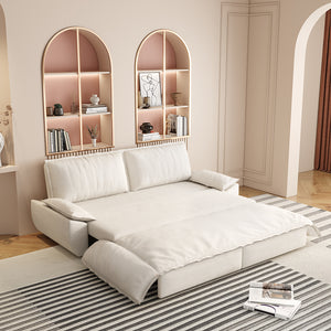 3-in-1 Convertible Velvet Sofa Bed with Queen Pull Out Sleeper - Beige/White