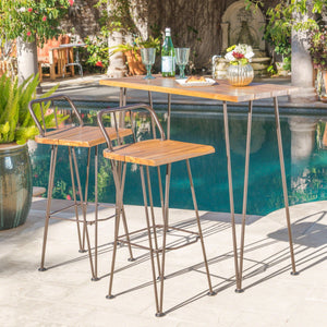 Dione Outdoor Industrial Acacia Wood Bar Set With Metal Frame And Slat Paneling - Brown - Best Buy Furniture