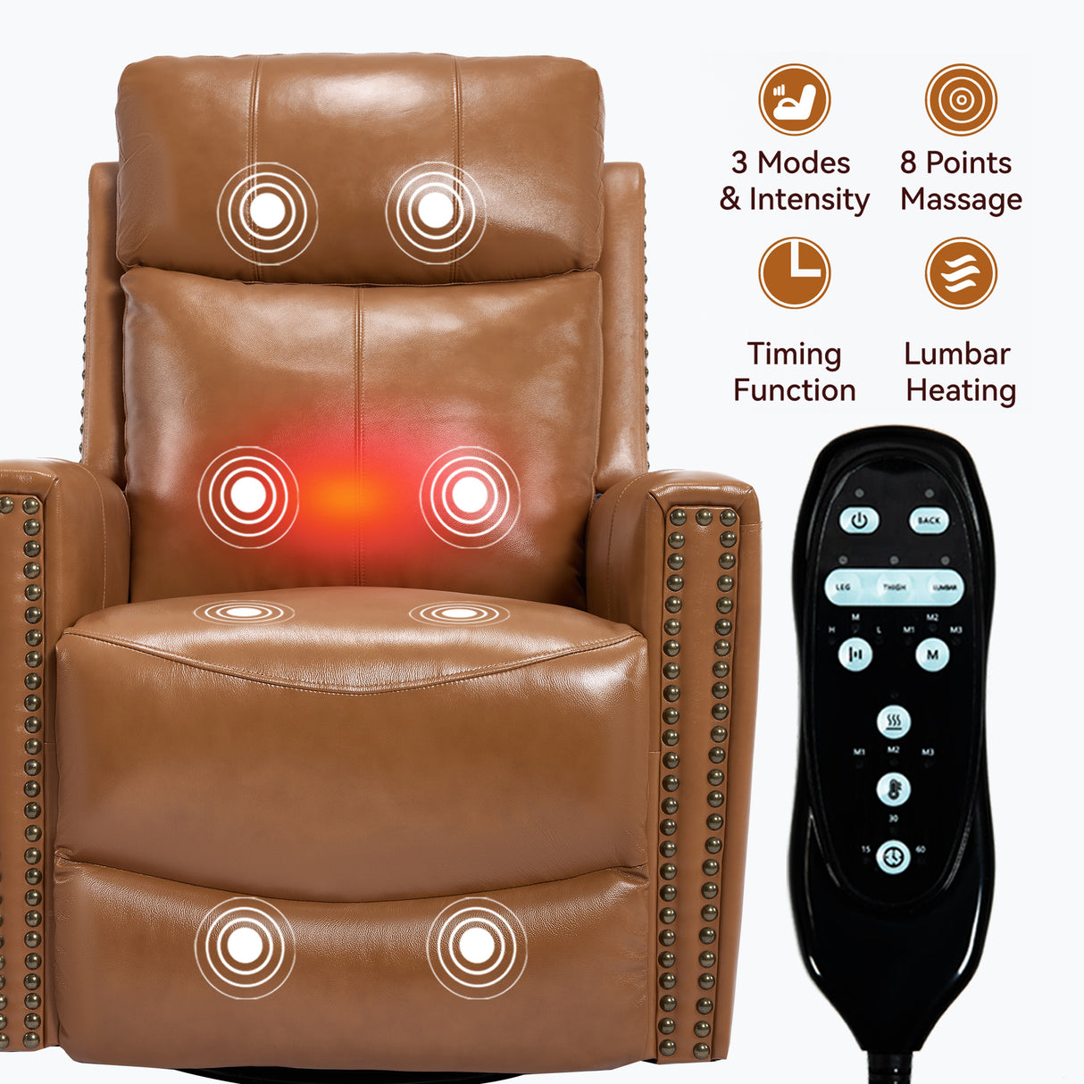 Orange Genuine Leather Heat Massage Manual Recliner Chair