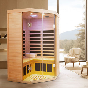 2 Persons Large Glass Front Deluxe Version Hemlock Far Infrared Corner Sauna Room - Natural