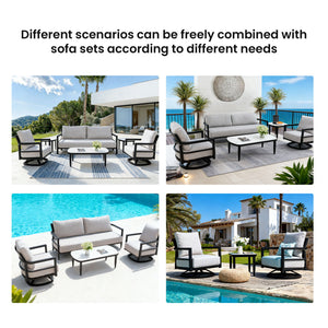 Outdoor Conversation Set With Chairs, Bench Sofa, Tables, Sunbrella Cushions