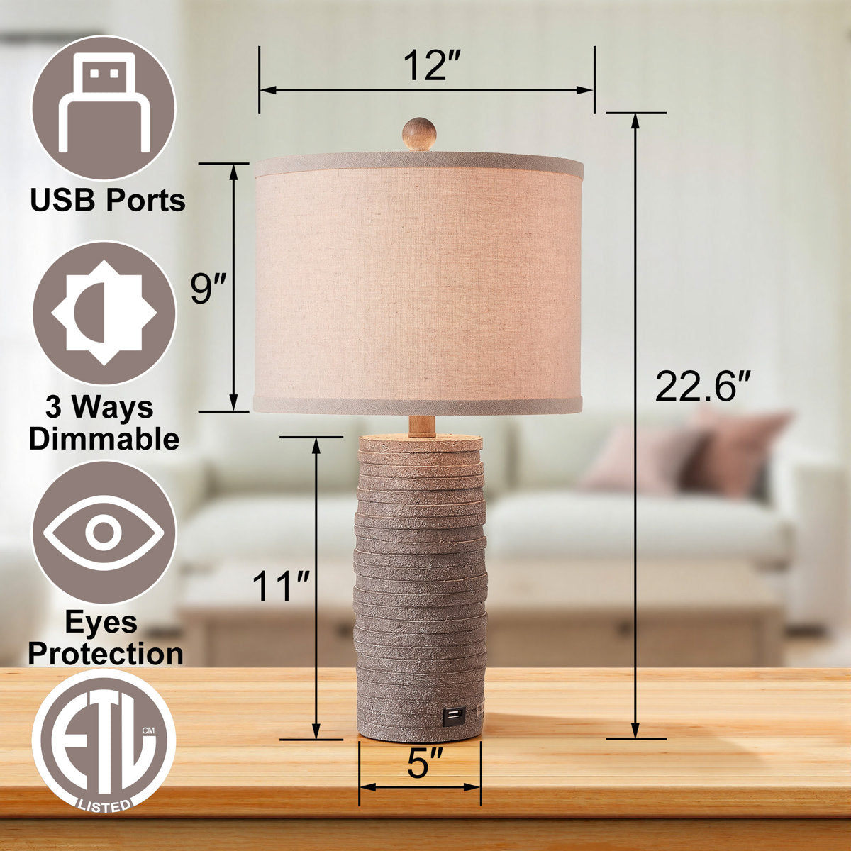 Farmhouse Resin Table Lamp, 22.6-Inch, 3-Way Dimmable with USB Port, Dark Brown, Set of 2